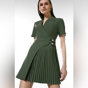 Tailored Military Pleat Notch Neck Wrap Mini Dress in Green